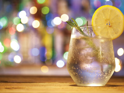 Image of glass full of gin with a sprig of lavender and a slice of lemon at the Winslow gin clubith a