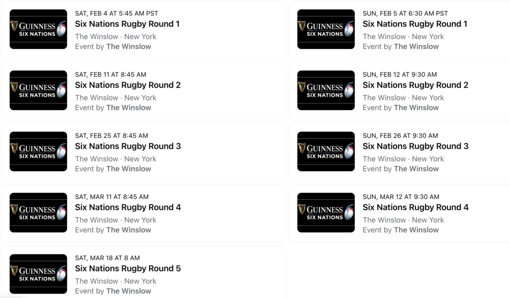 a screenshot of all of the six nations matches on our facebook page. 