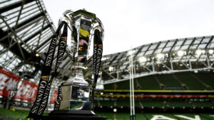 Photo of a trophy in a stadium advertising the Guinness Six Nations 2023