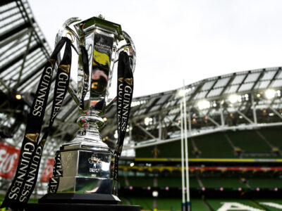 Photo of a trophy in a stadium advertising the Guinness Six Nations 2023