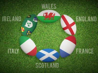 Rugby balls with Six Nations flags: England, Italy, France, Scotland, Wales, Ireland