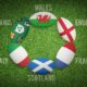 Rugby balls with Six Nations flags: England, Italy, France, Scotland, Wales, Ireland