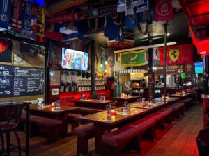Sports bar interior with televisions showing games