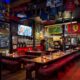 Sports bar interior with televisions showing games